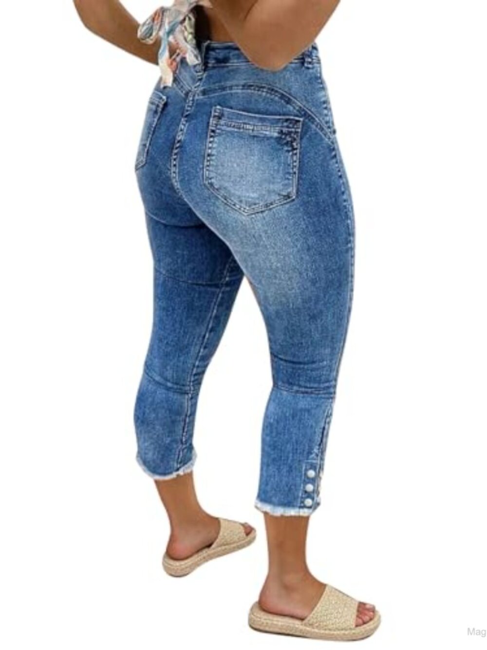 High Waist Skinny Capri Jeans Raw Hem Stretch Denim Cropped